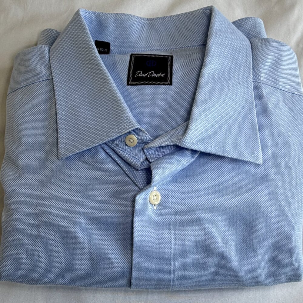 David Donahue Men’s Sky Blue Dobby Weave Long Sleeve Dress Shirt Size 18.5 34/35